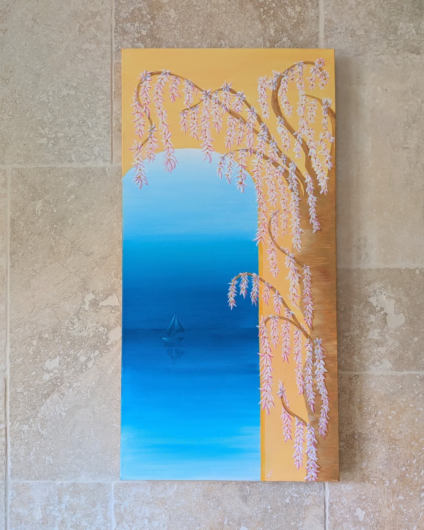 Evadez vous en un regard
Imaginez ce tableau dans votre salon, détendez vous, écoutez le bruit discret et relaxant de l'eau, perdez vous dans la profondeur et la sérénité de ce bleu, sentez le parfum de la mer et les odeurs du printemps, respirez et profitez de cet instant. 