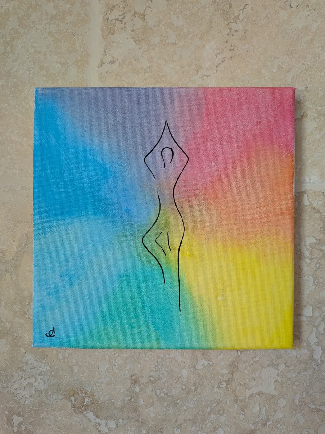 Les traits d'une silhouette tout en finesse, pour la posture de l'arbre sur un dégradé de chakras.